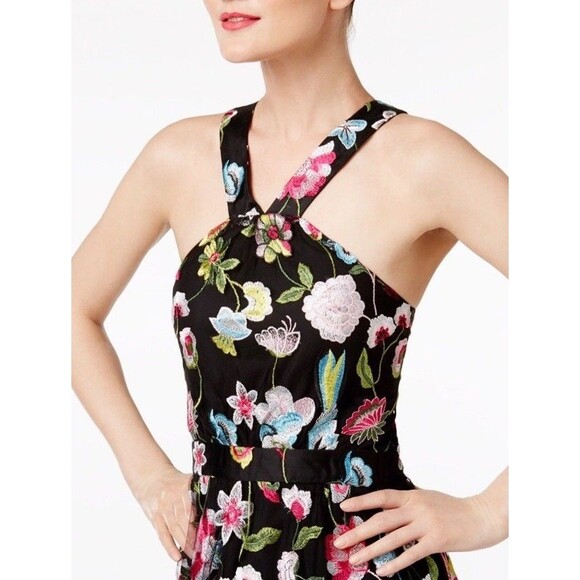 Cynthia Rowley Embroidered Floral Halter Dress Black Pink Size M Elegant - Picture 4 of 14